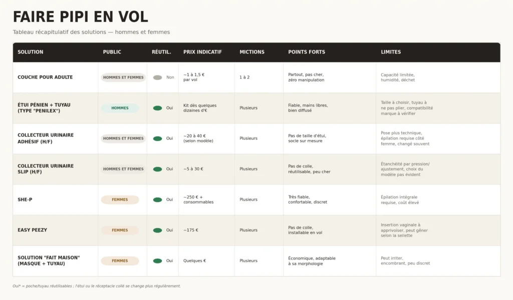 tableau récapitulatif solutions pipi en vol